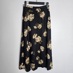 Rena‎ Rowan Skirt Womens 4P Black Floral Print A-Line Long Rayon Petite 26x32